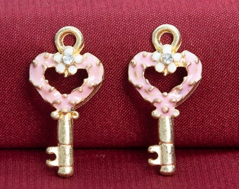 8 Enamel Heart Key Charm Gold Tone With Pink Enamel (65669-3299)