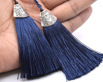 2 Tassels 3.14" / 8cm Polyester Mala Tassel Metal Flat Triangle Cap Navy blue Color
