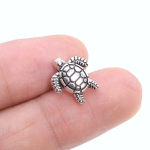 May include: A silver-toned turtle charm with a detailed shell design. The charm is small and delicate, perfect for adding a touch of whimsy to jewelry or crafts.
