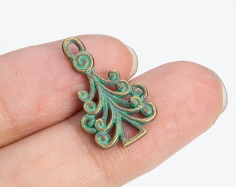 10 Christmas Tree Charm Double Sided Green Patina Tone (66616-3384)