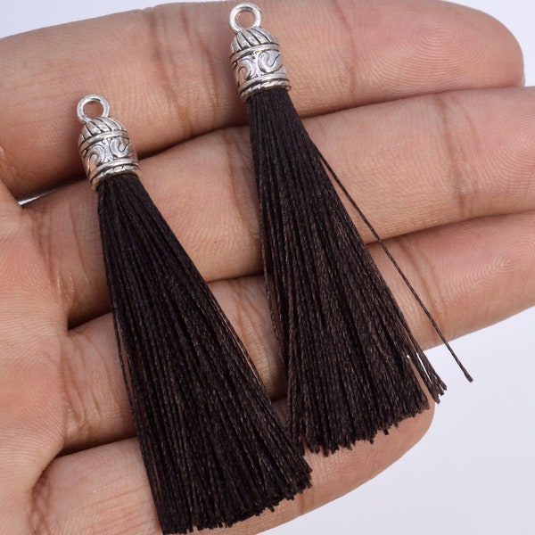 2 Tassels 2.2" / 5cm Polyester Mala Tassel With Metal Cap Dark Brown Color  (60917-029)