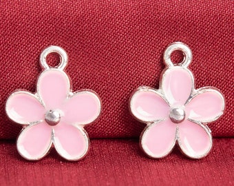 6 Enamel Flower Charm Silver Tone With Sakura Pink Enamel  (65763-3305)