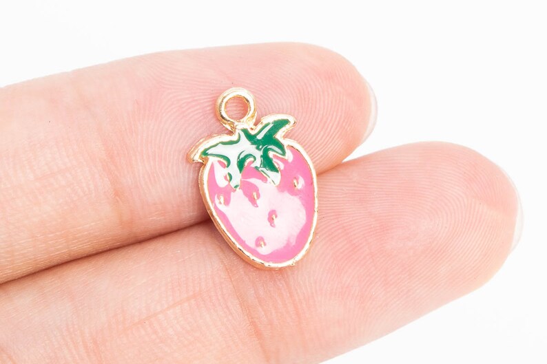 65371-3281 6 Enamel Strawberry Charm Gold Tone With Pink /& Green Enamel