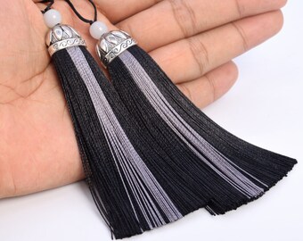 4 Quasten 11 cm Polyester Mala Quaste Metall Flache Runde Kappe Schwarz Farbe (60774-015)