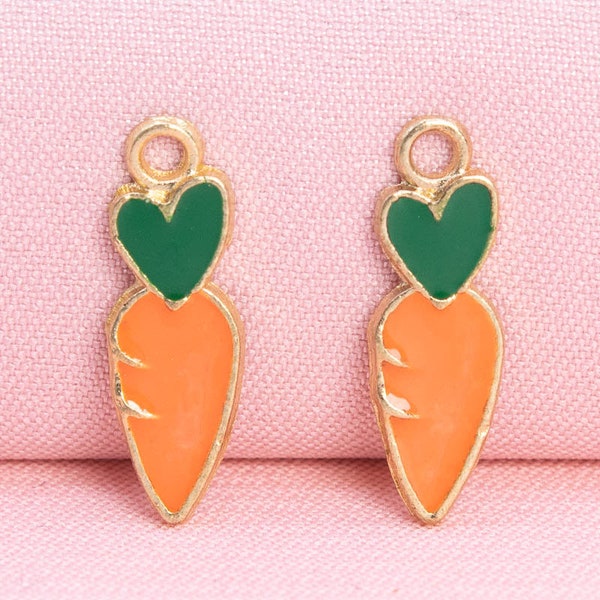 6 Enamel Carrot Charm Gold Tone With Orange & Green Enamel  (65841-3296)