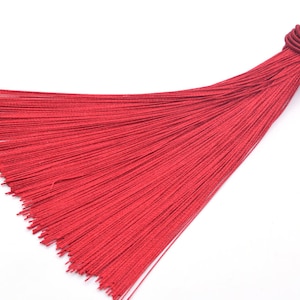 May include: A red tassel with a knotted top. The tassel is made of thin strands of fabric and is about 6 inches long.