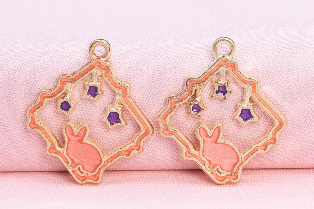 12 Enamel Rabbit Rhombus Charm Gold Tone With Purple Star & Pink Enamel ...