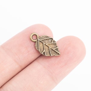 May include: A bronze leaf charm with a detailed design. The charm has a loop at the top for attaching to a necklace or bracelet.