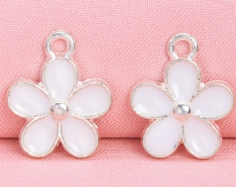 12 Enamel Flower Charm Sliver Tone With White Enamel  (65718-3302)