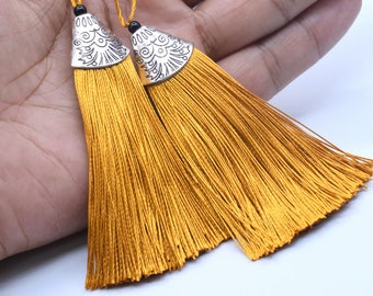 2 Tassels 3.14" / 8cm Polyester Mala Tassel Metal Flat Triangle Cap Mustard Yellow Color (60639-025)