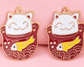 4 Enamel Janpanese Lucky Cat Charm Gold Tone With Red,White & Yellow Enamel  (65756-3304)
