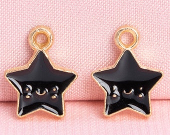12 Enamel Smiling Star Charm Gold Tone With Black Enamel  (65812-3307)