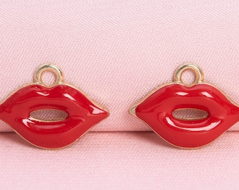 6 Enamel Lips Charm Gold Tone Red Enamel - Choose Quantity (65618-3297)