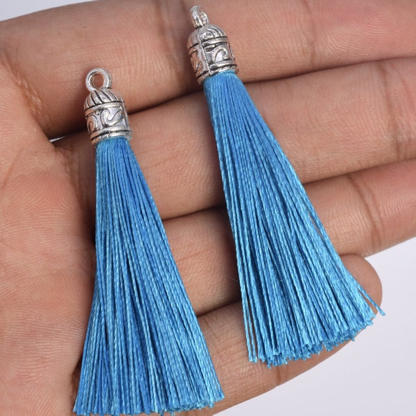 2 Tassels 2.2" / 5cm Polyester Mala Tassel With Metal Cap Sky Blue Color (60910-029)