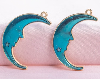 8 Enamel Crescent Moon Charm Gold Tone With Flash Peacock blue Enamel  (65794-3306)