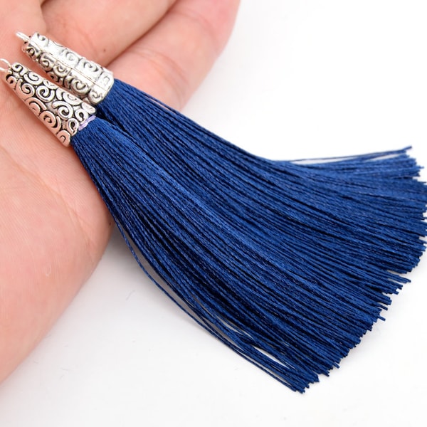 2 Tassels 3.54" / 9cm Artificial Silk Mala Tassel Metal Cone Cap Navy Blue Color  (64209-2476)