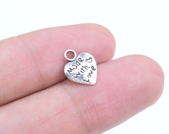 30 pcs Made With Love Heart Charm Double Side Antique Silver Tone (62051-2198)