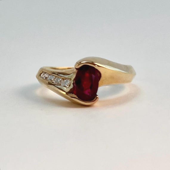 18k Yellow Gold Ruby Ring with Diamond Accent - S… - image 1