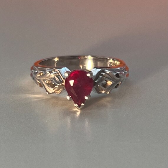 Pear shaped red ruby ring in 14k white gold. Size… - image 3