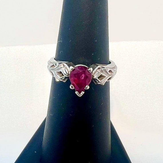 Pear shaped red ruby ring in 14k white gold. Size… - image 2