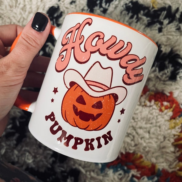 Halloween mug, pumpkin mug, spooky mug, Halloween gift, goth gift, cowboy, Howdy pumpkin, retro cartoon, emo, fall autumn mug