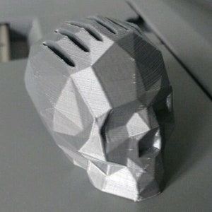May include: A 3D printed skull sculpture made of gray plastic. The skull is designed in a geometric style with a faceted surface.
