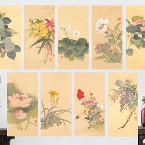 Scroll Korean Painted Silk Flowers Wall Hanging, Korean Painting, Korean Hanging Scroll, Unique Korean gift, Korean Art, Korean antique