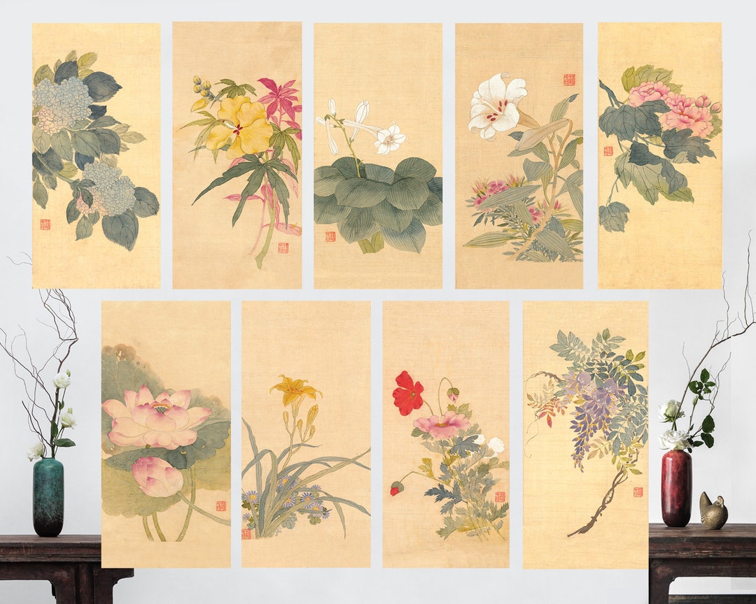 Scroll Korean Painted Silk Flowers Wall Hanging, Korean Painting