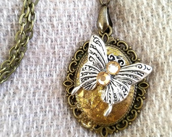 Vintage look resin necklace with Butterfly