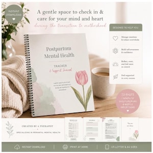 May include: A spiral-bound Postpartum Mental Health Tracker and Support Journal with a pink tulip illustration on the cover. The journal includes 72 pages for daily check-ins and weekly reflections, designed to help manage emotions and build self-awareness.