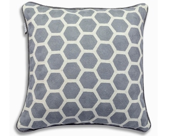 Honeycomb Wool Pillow Cover, Grey Geometric Crewelwork, Velvet Back (50x50cm)