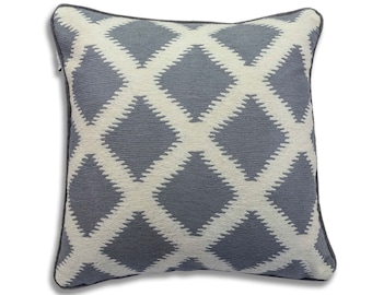 Hand Embroidered Wool Diamond Pillow, Grey Geometric Velvet Cushion