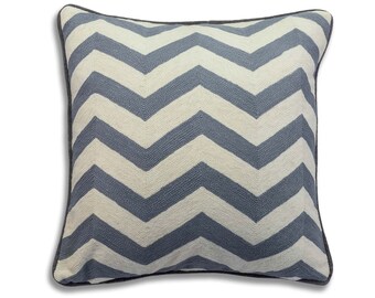 Hand Embroidered Chevron Pillow, Grey & Natural Wool Crewelwork, Velvet Back