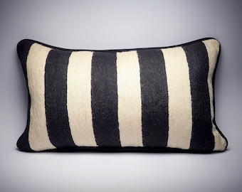 Luxury black and white stripe cushion, hand embroidered monochrome design - 50 x 30 cms