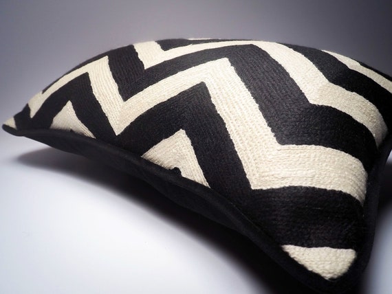 Hand Embroidered Wool Chevron Pillow, Black Velvet Back (50x30 cms)