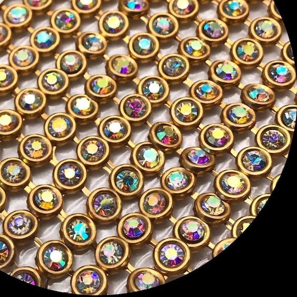 Iron on Chaton Diamante Gold Mesh with AB Crystal Strips for Wedding Sewing Clothing Crafts Projects Work Costume Decoration DIY