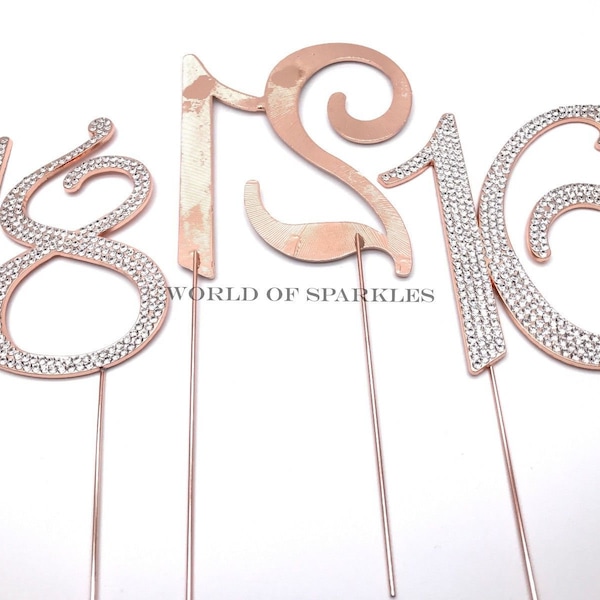 Diamante Rhinestone Cake Topper Rose Gold Numbers for Birthday Wedding Anniversary Party Supplies Decoration