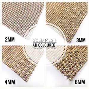Puede incluir: Cristal de diamante dorado en malla AB en cuatro tamaños: 2 mm, 3 mm, 4 mm y 6 mm. Los cristales son iridiscentes y tienen un respaldo dorado.