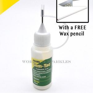 Colla Gem-tac da 15 ml per applicazione di cristalli, ago di precisione, flacone, progetti artigianali per abbigliamento fai da te con 1 matita per cera gratuita