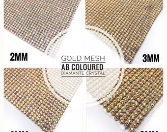 Gold Ribbons with AB Crystal Iron On Diamante Transfers Strips Hot Fix Rhinestone Mesh for Clothing Bridal Dress Decoration