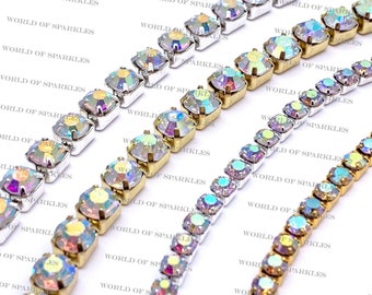 1 metro AB Rainbow Crystal Diamante Diamond Rhinestone Chain Base on Silver & Gold Clothing Sewing Crafts Costume Decoration