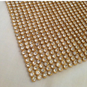 Iron on Chaton Diamante Clear Crystal on Gold Mesh Strips for Wedding Sewing Clothing Crafts Projects Work Costume Decoration DIY