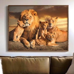 Tela con famiglia di leoni che ruggiscono / Arte della fauna selvatica per decorazioni da safari / Decorazione murale per la famiglia / Poster di animali con primo piano di leoni / Tela con animali selvatici amanti dei leoni