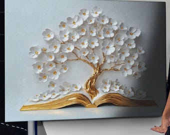 Tree of Knowledge Canvas Art – Embossed Golden Book, Floral Wisdom