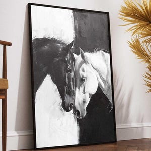Horses in Love Black and White Wall Art – Romantic Horse Canvas Print – Animal Couple Painting – Elegant Equine Home Decor
