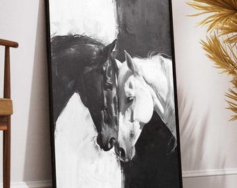 Quadro em tela com cavalo romântico – Arte de parede para casal de animais em preto e branco
