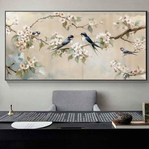 Swallows Charm Canvas Wall Art – Nature Bird Painting – Floral Branches Wildlife Print – Peaceful Living Room Wall Decor – Modern Wall Art