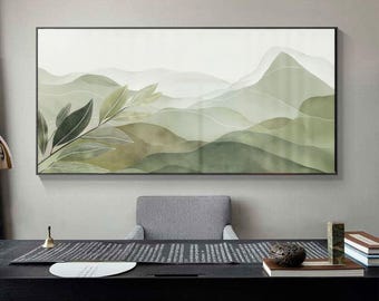 Abstrakt bergslandskap canvas, salviagrön botanisk akvarelltryck, Japandi-dekor