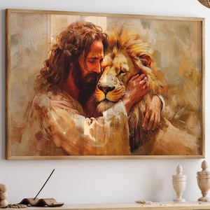 Jesus and the Lion Painting - Divine Embrace Canvas - Spiritual Wall Art - Christian Home Decor - Lion of Judah Print - Catholic Wall Decor