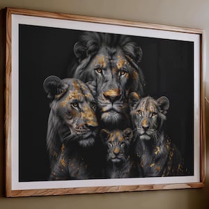 Impression sur toile de la famille du lion d&#39;or | Art abstrait de lion noir et or | Décoration murale Safari radieuse | Toile animalière élégante